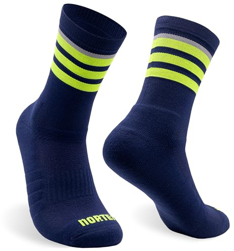 NORTEI Calzini da Corsa e Trail Running Imbottiti a metà tondo, Antiscivolo. Calze Sportive Tecniche Senza Sfregamenti per Uomo e Donna (IT, Testo, L, XL, Regular, Regular, Navy)