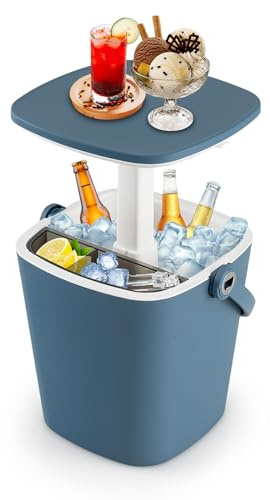 COSTWAY 3-in-1 Cool Box Portatile 15L con Piano Rialzabile 34 x 35 x 37-58 cm, Secchiello Ghiaccio con Apribottiglie e Pinza per Alimenti, Tavolino Portaghiaccio, per Piscina e Spiaggia (Blu)