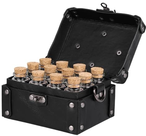 HiiFeuer Boîte d'alchimie médiévale en faux cuir avec 12 fioles de potion en liège, sacoche portable pour bijoux, porte dés Dnd (Noir A)