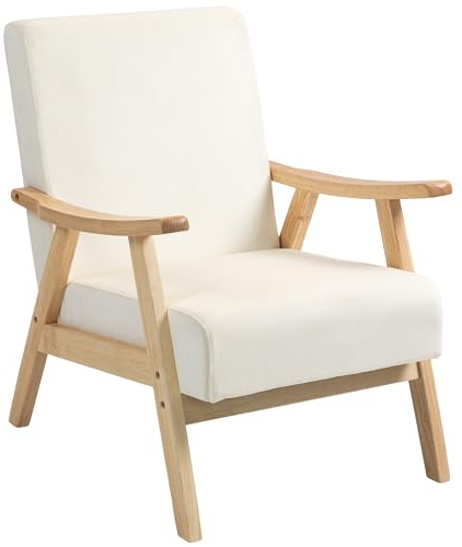 HOMCOM Sessel Wohnzimmer Nordisch Relaxsessel mit Armlehne, Sitzkissen, Gepolstert Loungesessel mit Holzrahmen, Armlehnensessel mit Samt-Optik, Polstersessel für Schlafzimmer Cremeweiß