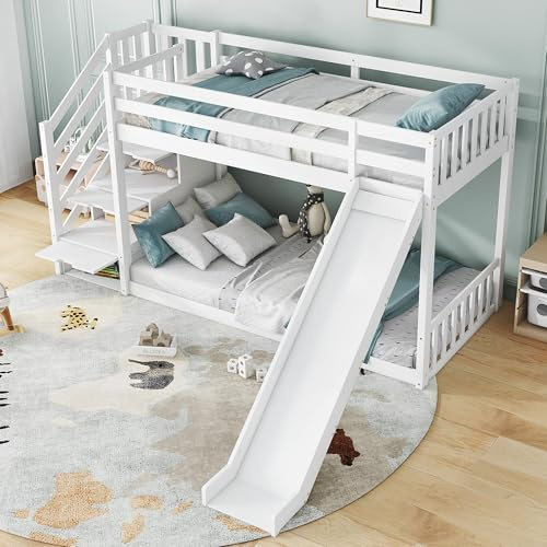 EINHOM Bunk Beds for Kids, Wooden Bunk Bed with 2 Drawers in the Steps, Stairs and Slide, Cabin Bed with Solid Pine Wood Frame, 3ft-90x190cm, White