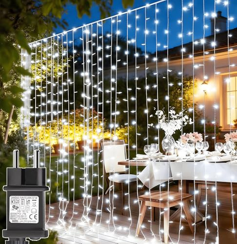 yowin Tenda Luminosa Natale 300 LED 3x3m Luci Natale Esterno con Spina, Timer, 8 Modalità Addobbi Natalizi per La Casa Impermeabile Cascata Luci per Balcone Festa Interno Esterno Decorazioni - Bianco