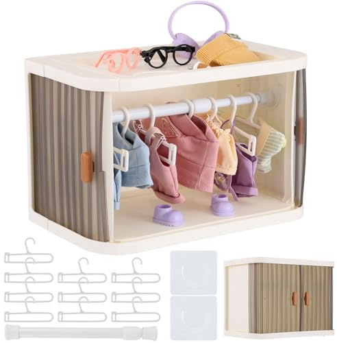 Doll Wardrobe Storage Box Compatible with Labubu Clothes, Dolls Storage Closet with 10 Hangers & Rod, Foldable Organizer Cabinet with Dust-Resistant Cover and Display Shelf for 15/17cm Doll Clothes