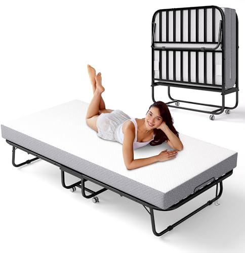Decofy Folding Bed with Memory Foam Mattress, Portable Rollaway Guest Beds on Wheels, 75x38 Twin Size Space-Saving Cot-Size Bed for Adults with Easy Assembly Metal Frame (White)