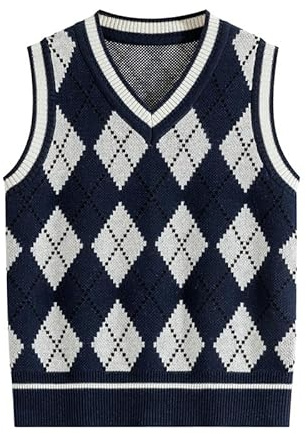 LOLANTA Chaleco de Punto para niños y niñas, suéter sin Mangas con Cuello en V, Jersey Escolar de Punto para niños(Azul Marino Argyle, 9-10 años, 140)