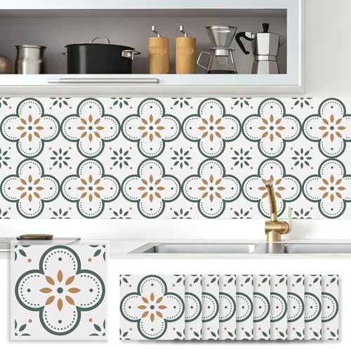 RYHHH 0,4m² Azulejos Adhesivos | 20 x 20cm Pegatinas de Baldosas | Azulejos Metro Autoadhesivos para Baño y Cocina | Resistente al Agua | Fácil de Limpiar | Flor Verde | 10 Piezas