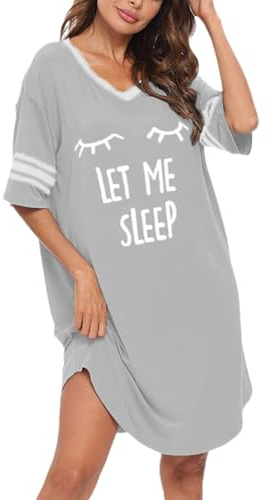 Cicy Bell Camicia da Notte da Donna con Scollo a V, Oversize, in Cotone, Girocollo, Stampata a Righe, Biancheria da Notte, grigio, L