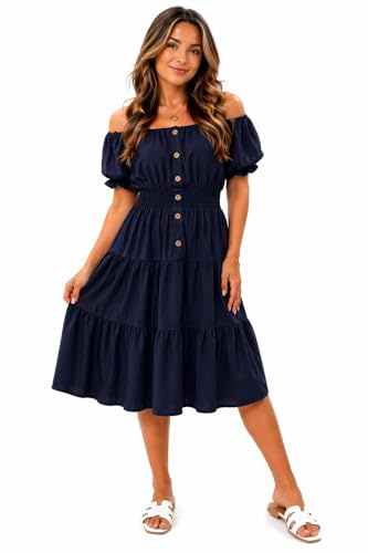 Pretty Attitude Women's Off Shoulder Midi Dress Summer Smocked Waist Button Front Tiered Swing Dress Short Puff Sleeve Casual Holiday Dress One Size