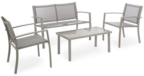 shopbest.it Set Salotto da Giardino 4 Pezzi, Divano 2 Posti, 2 Poltrone e Tavolino in Vetro Temperato, Mobili da Esterno in Metallo e Textilene per Terrazzo Balcone Patio (Tortora)