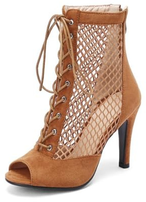 Generico Donna Rete Trasparente Suede Pelle Materiale Misto Stivaletti Peep Toe Stiletto Tacco Alto Lacci Dietro Cerniera Scarpe Eleganti Stivaletti Festa Sera Occasione Scarpe,Brown 1,37 EU