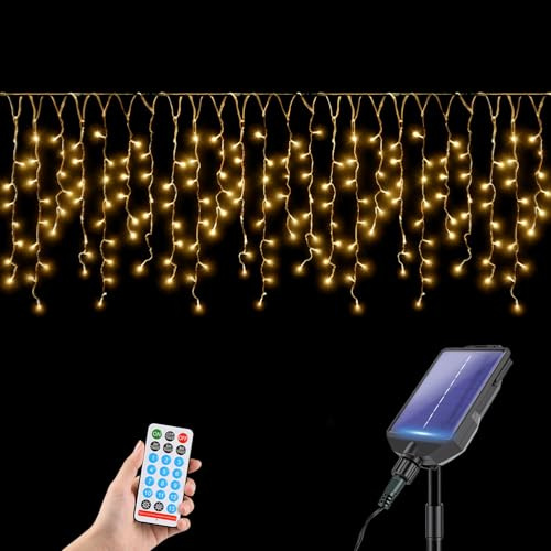 SALCAR Cadena de luces solares para exteriores, 10,8 m, 240 LED, cortina de luces solares para ventanas exteriores (7,8 + 3 m de cable de alimentación), 13 modos, resistente a la intemperie, cadena de