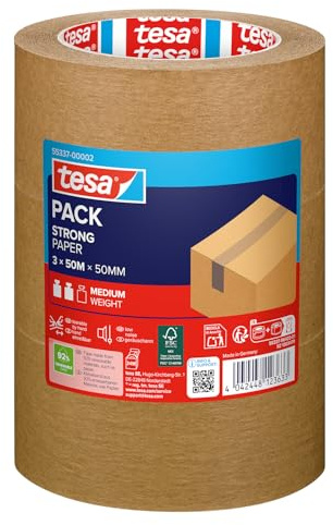 tesa pack STRONG PAPER - Packband aus Papier - 92% erneuerbare Mateialien - handeinreißbar - Verpackungsband für mittelschwerer Pakete - Braun - 3 Rollen je 50 m x 50mm