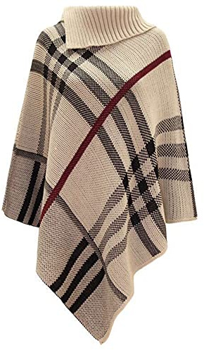 Missmister® Ladies Womens Winter High POLO NECK Knitted Tartan Check Poncho Shawl Sweater Jumper Wrap Cape - (UK 8-16) (One Size (UK 8-16), Stone)