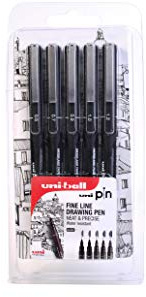 uni-PIN fin linje pennset, 5 st klämma, svart bläck blandade spetsstorlekar 0,6 mm/0,7 mm/0,9 mm/1,0 mm/1,2 mm