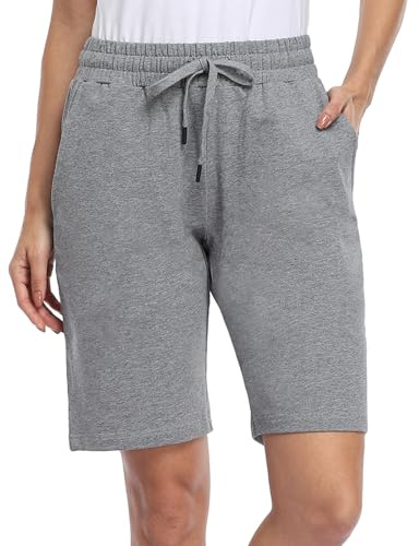 MOVE BEYOND Women's 10'' Inseam Bermuda Shorts 3 Pockets Athletic Yoga Gym Sweat Shorts with Drawstring Lounge Sleep Shorts, Grey, XL