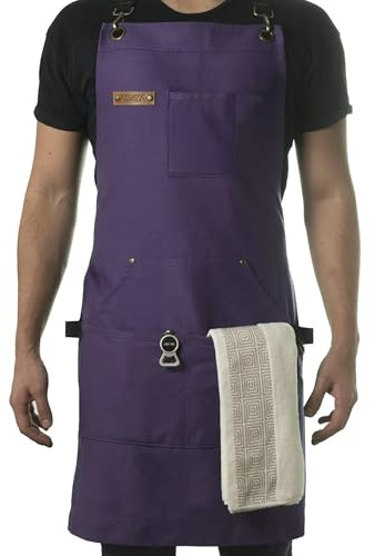 Asaya Chef & BBQ Apron with Pockets - Cross Back Canvas Cooking Apron for Women and Men, Adjustable Work & Grilling Aprons with Pocket, Bottle Opener and Hand Towel, 10oz Cotton Canvas (Purple)