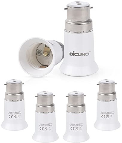 DiCUNO B22 to E27 Socket Converter, Socket Adapter, Bayonet to Screw Edison, BC to ES Lamp Base Adapter for LED Bulbs and Incandescent Bulbs and CFL Bulbs-6 Packs