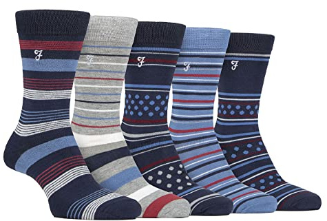 Farah - Mens 5 Pack Natural Organic Bamboo Bright Striped Patterned Socks (6-11, Blue/Navy)