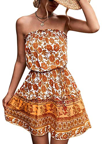 Robe sans Bretelles pour Femme, Tube Bandeau Vintage pour Femme, Robe Courte D'été à Imprimé Floral pour Femme, Robe Douce et élégante à Ourlet Ample et épaules Dénudées pour Faire(M-Orange)