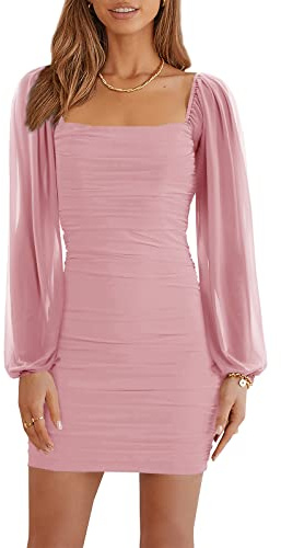 Wenrine Damen Kleider Party Cocktail Club Bodycon Kleid Hochzeitsgast Mesh Langarm Square Neck Minikleid Slim Fit(Rosa,M)