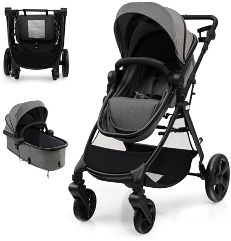 COSTWAY 3 in 1 Kinderwagen faltbar, Leichter Kinderbuggy mit verstellbarem Verdeck, Rückenlehne & Fußstütze, Reisebuggy mit Aufbewahrungskorb, tragbarer Babywagen für 6-36 Monaten, 15 kg Belastbar