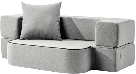SUYOLS 2-in-1 Folding Sofa Bed with Pillow - Folding Chair Floor Couch & Sleeping Mattress - Washable Cover & Memory Foam Sleeper Chair for Living Room/Guest Room/Apartment/Loft, Light Gray