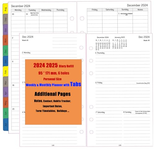 Diary 2024 2025 Refill Personal Size, 1 Week on 2 Page with Monthly Tabs, Extra Notes, Contact, UK Holidays, Thicker Paper 100 gsm, 9.5x17.1cm, Weekly & Monthly Planner Insert