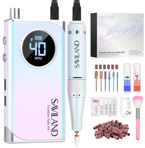 Saviland Electric Nail File 40000RPM: Professional Rechargeable Nail Drill for Acrylic Nails Gel Polishing Removing Adjustable Speed Low Vibration Safe E File with 13 Drill Bits for Nails Manicure