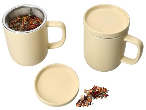 Ritzenhoff & Breker 2er Set Jasper Teebecher mit Teesieb & Deckel Vanille I 300 ml I für eine Personen I Steingut-Teetasse für losen & Beutel-Tee I zylindrischer Becher alternativ für Kaffee,Kakao