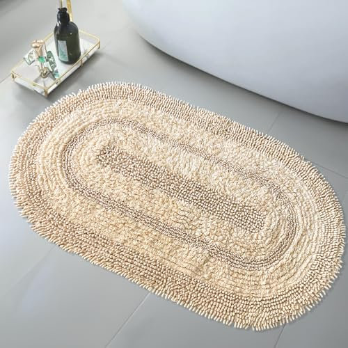 Bonny Home Oval Baumwoll-Badematte | Badezimmerteppich, Badteppich | Weiche Bad- und Duschvorleger | Für Bad, Dusche und Toilette, Maschinenwaschbar Badvorleger (Beige, 50x60)
