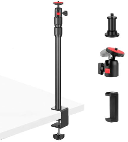 FSWWSF Kamera Tischstativ, Tischklemmen Kamerastativ, Lichtstativ, Multifunktional Klemmstativ mit Ringlichtadapter, 1/4'' Kugelkopf und Handyhalterung für Kamera/Ringlicht/Smartphone/Heimprojektor