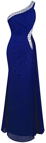 Angel-fashions Abito da sera da donna, a spalla unica, con ruches, nastro di perle, delicato, blu reale, 52