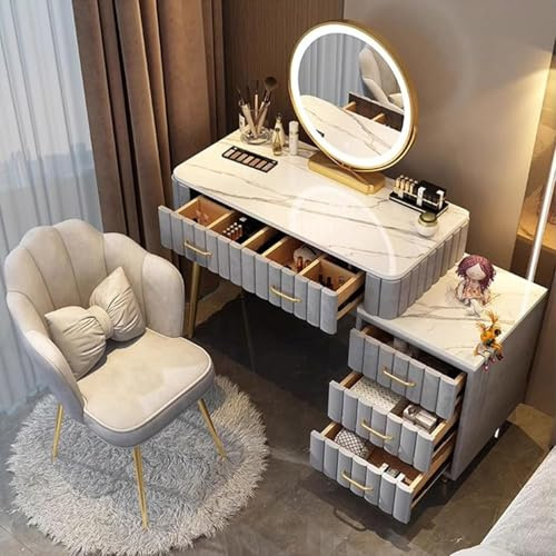 WEAFIEO Set med sminkbord, sminkbord med 3 färger LED-spegel, sminkbord med lådor och pall, sminkbord med förvaringshyllor, toalettbord för sovrum för flickor