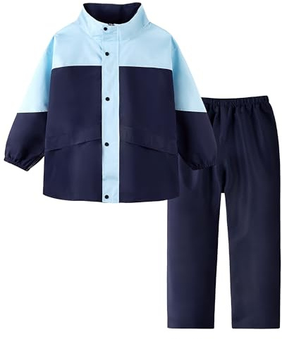 Volunboy Enfants Imperméable à Capuche Boutons Manteau Veste de Pluie et Pantalon Combinaison pour Fille Garçon(9-10 ans,Bleu Marine,2XL)