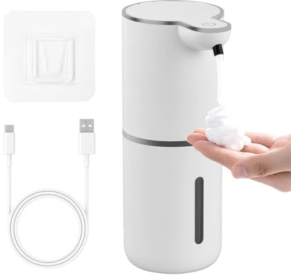 Dispensador Jabón Automático con Sensor, 380ml, Dispensador de Jabon Pared Espuma Eléctrico de Manos, 4 Niveles Ajustables, Recargable por USB, Resistente Al Agua IPX5 para Cocina, Baño (Blanco)