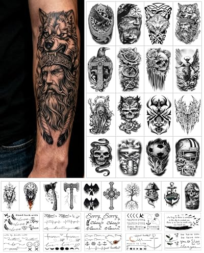 lulir 36 Sheets Temporary Tattoos Stickers, 16 Sheets Fake Body Arm Chest Shoulder Tattoos for Men or Women with 20 Sheets Tiny Black Temporary Tattoos.