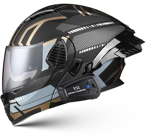 Frcychri Bluetooth Modulable Casque Moto, Rabattable Double Visière Intégré, Anti-Collision Casque Scooter, pour Adultes Hommes Femmes Course Rue Cyclomoteur Approuvé ECE I,Large