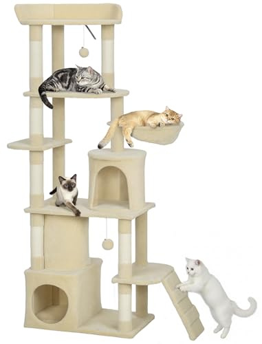 PawHut Árbol Rascador para Gatos Grande, Árbol para Gatos, Altura 170 cm, Torre de Escalada con 7 Postes, 1 Túnel, 3 Plataformas, 2 Cuevas, 1 Hamaca, 1 Percha, 1 Rampa, Pompones, Beige