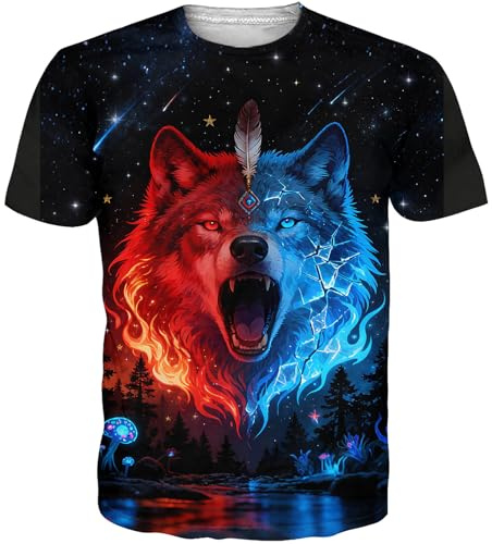 Fanient T-Shirt Unisexe Imprimé 3D avec Un Loup Rouge et Bleu Idéal pour Le Jogging et La Course À Pied Taille L