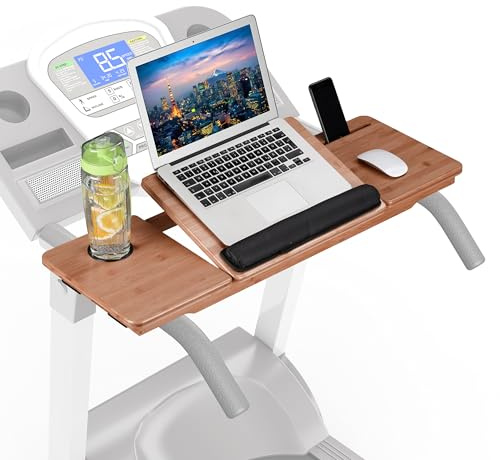 Relaxdays löpbandsskrivbordstillsats, 7 vinklar, natur | mobil- & dryckeshållare, förseglad bambu, laptopställ