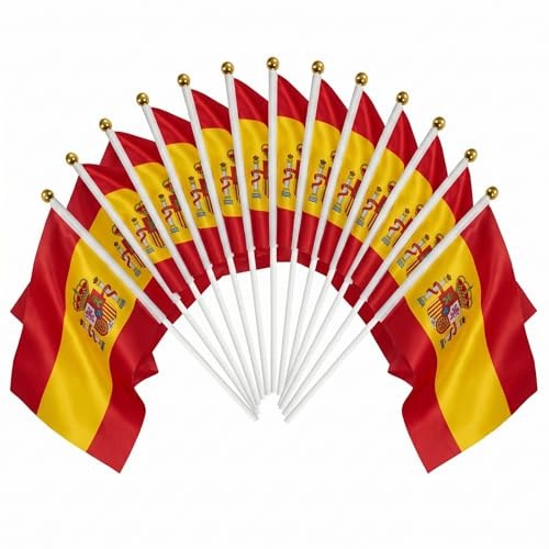 15 Pcs Petit Drapeau Espagne avec Tige, 14x21cm Mini Drapeaux Espagnols à la Main en Polyester pour Décoration Événements Sportifs, Fête Nationale et Parade