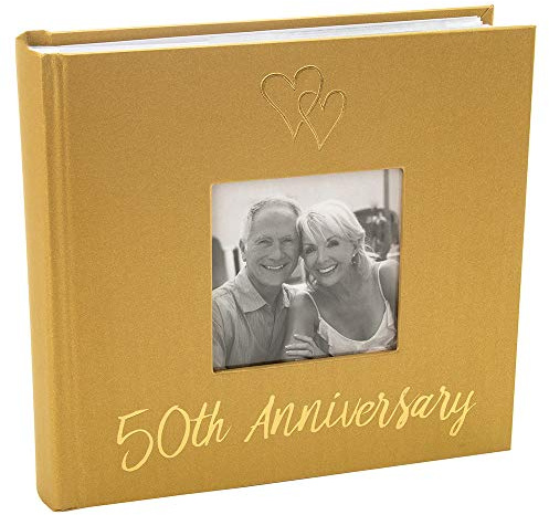 Haysom Interiors Bonito álbum de fotos dorado para 50 aniversario de boda con decoración de corazón doble, páginas interiores para personalizar