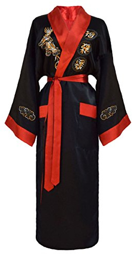 Women's Reversible Embroidered Japanese Kimono Robe Sleepwear Dressing Gown - Black and Red - Size: L