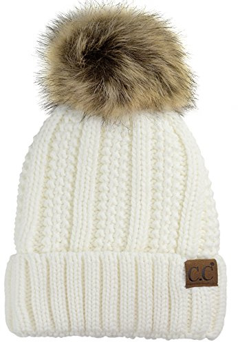 C.C Thick Cable Knit Faux Fuzzy Fur Pom Fleece Lined Skull Cap Cuff Beanie, Ivory