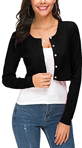 Mujeres Casual Manga Larga Bolero Cuello Redondo Corta Cárdigan Elástico Suéter de Punto Shrug con Botones (S, Negro)