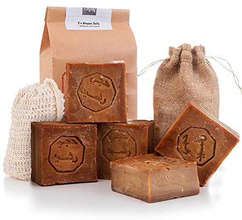 Savon d'Alep 5x 60% Huile d'Olive 40% Huile de Laurier+1x Sacs de Savon Sisal+1x Sac de Rangement(chaque savon environ 200gr)|Savon pour les Cheveux