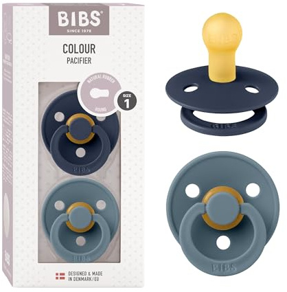 BIBS Colour Soother 2-Pack, BPA Free Dummy Pacifier, Round Nipple. Natural Rubber Latex, Size 1 (0-6 Months), Deep Space/Petrol