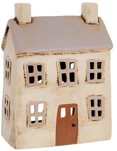 Village Pottery Charming Ceramic Beige House Tealight Candle Holder - Pottery House Candle Holder Ornament, [Mixed_earth_tones]