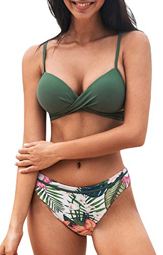 CUPSHE Damen Bikini Set Push Up Crossover Bikini Bademode Blumenmuster Zweiteiliger Badeanzug Swimsuit Salbeigrün S