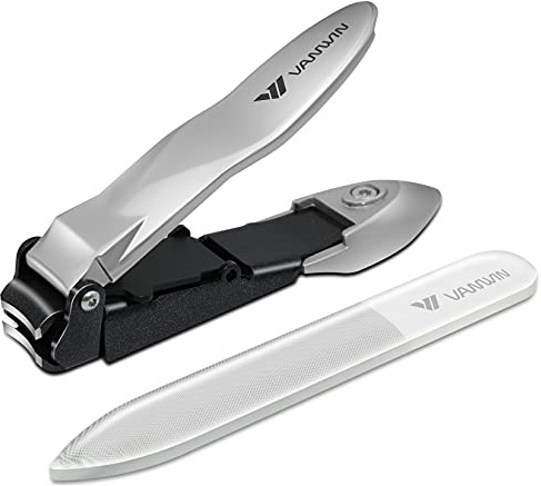 VANWIN Nagelklippare med fångare, inget stänk fingernagel tånagelklippare med skarpt böjda blad och glasnagelfil, bred käköppning rostfritt stål nagelklippare trimmer för äldre vuxna män kvinnor